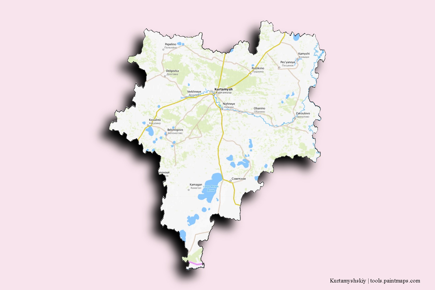 Mapa de barrios y pueblos de Kurtamyshskiy con efecto de sombra 3D