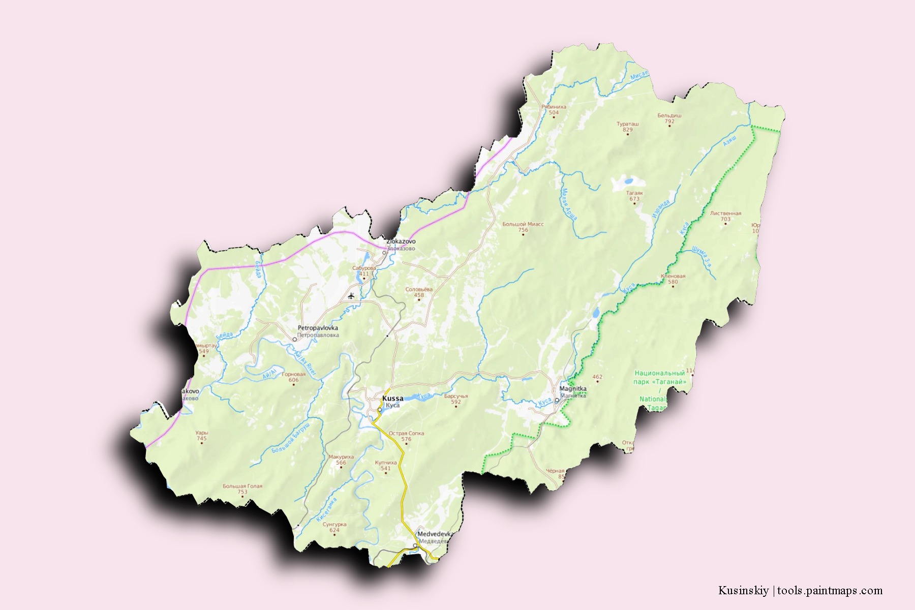 Mapa de barrios y pueblos de Kusinskiy con efecto de sombra 3D