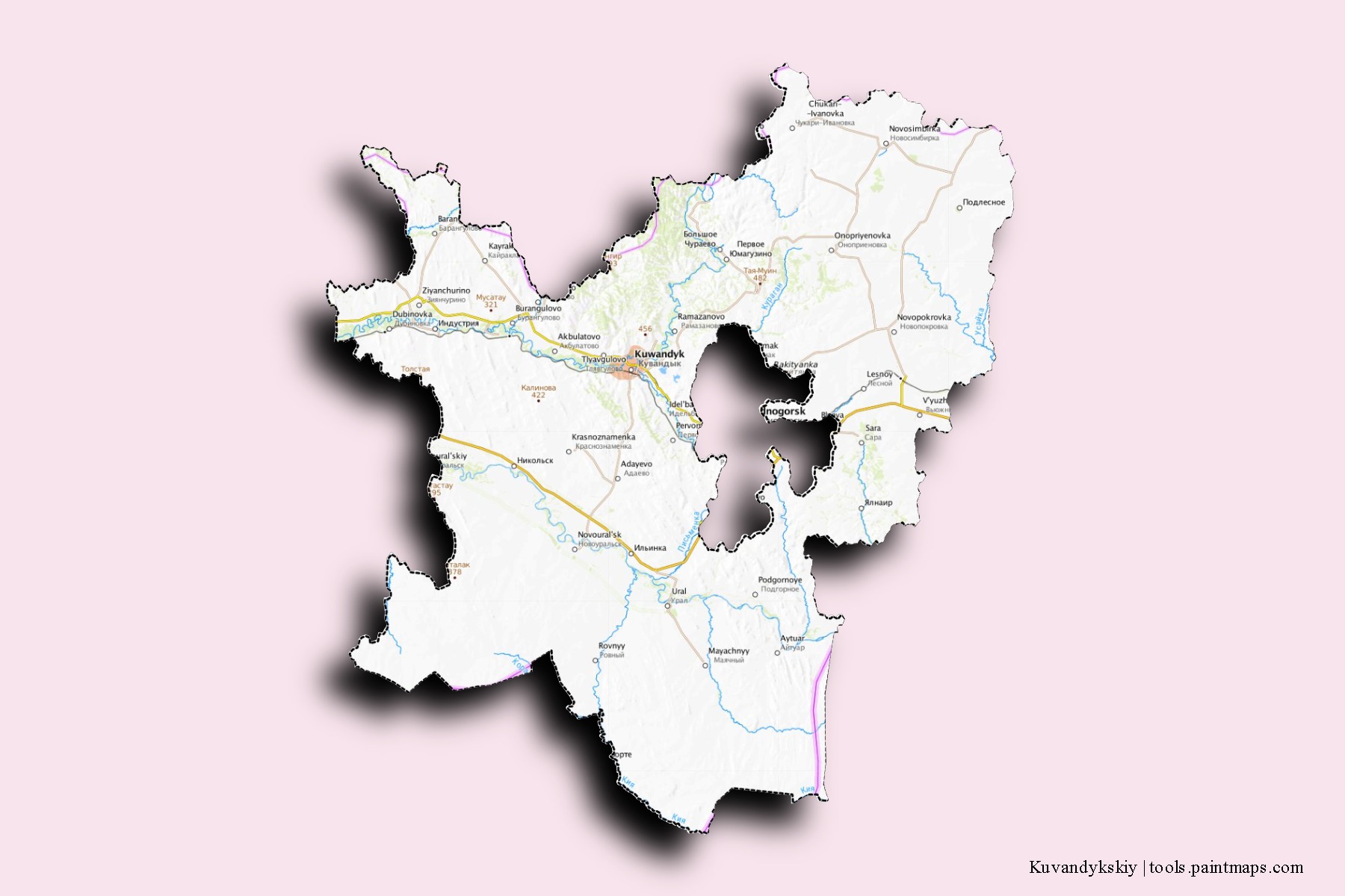 Kuvandykskiy neighborhoods and villages map with 3D shadow effect