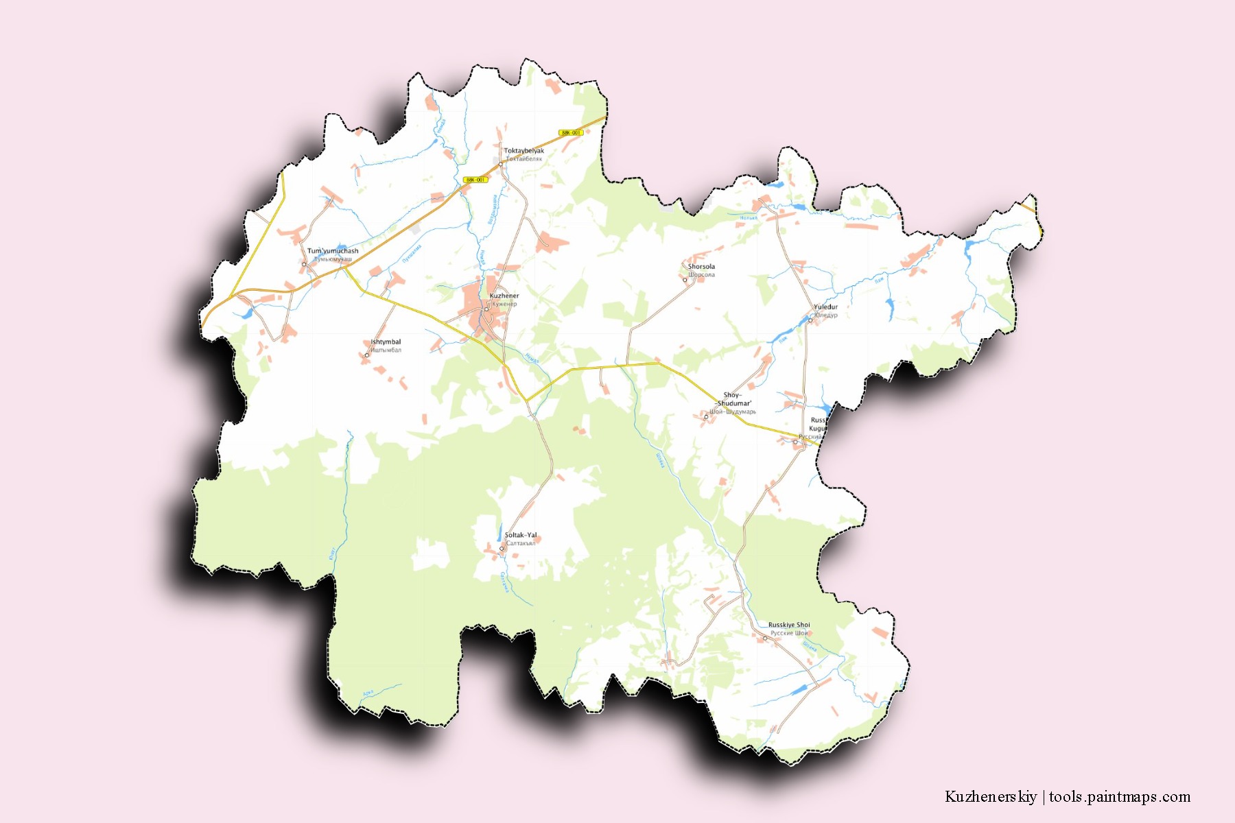 Mapa de barrios y pueblos de Kuzhenerskiy con efecto de sombra 3D