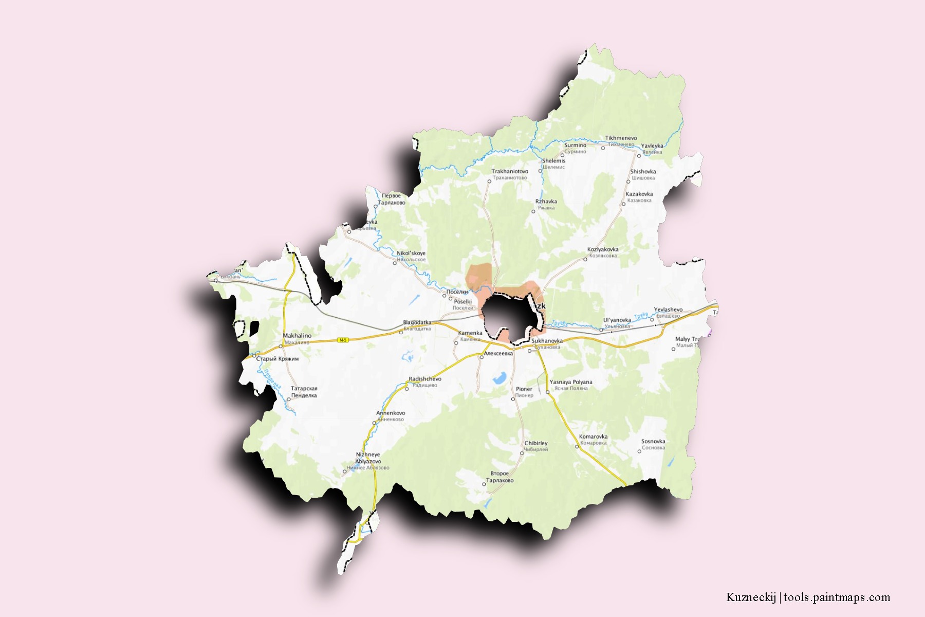 Mapa de barrios y pueblos de Kuzneckij con efecto de sombra 3D