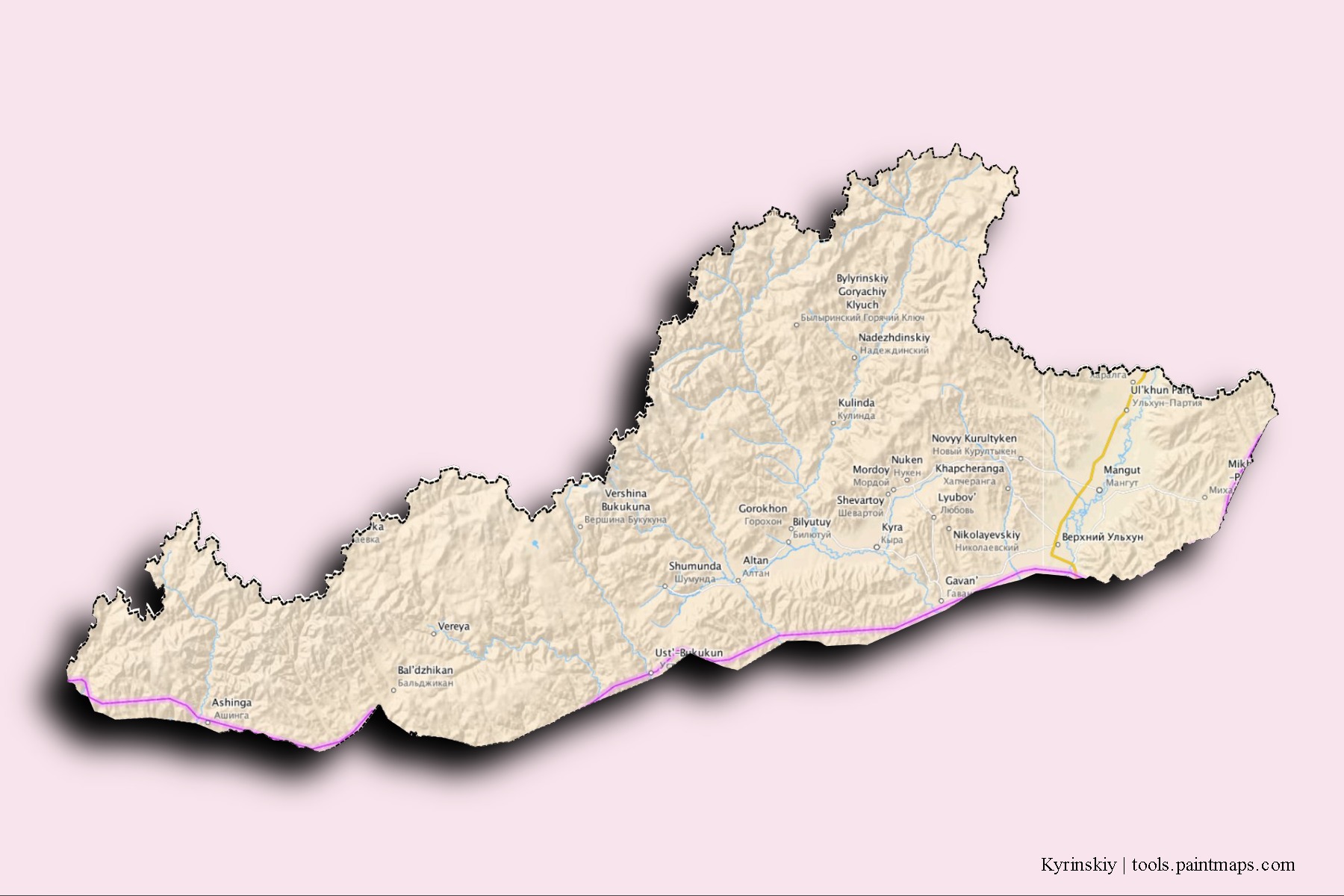 Mapa de barrios y pueblos de Kyrinskiy con efecto de sombra 3D