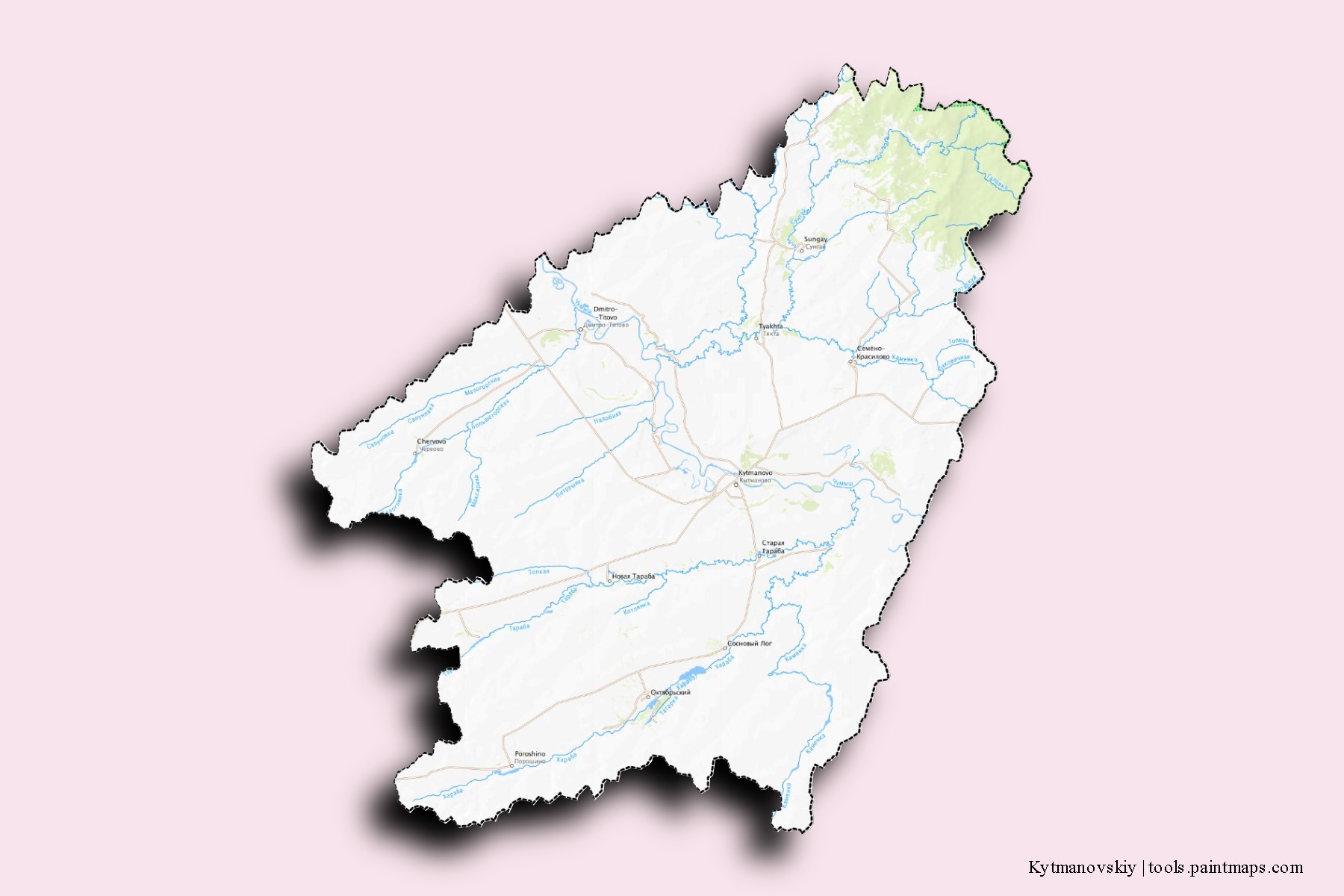 Mapa de barrios y pueblos de Kytmanovskiy con efecto de sombra 3D