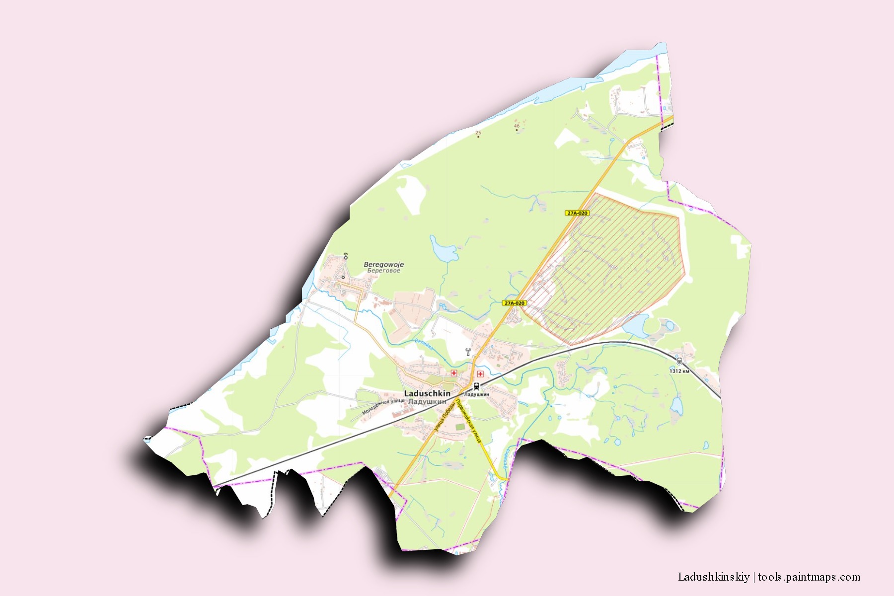 Mapa de barrios y pueblos de Ladushkinskiy con efecto de sombra 3D