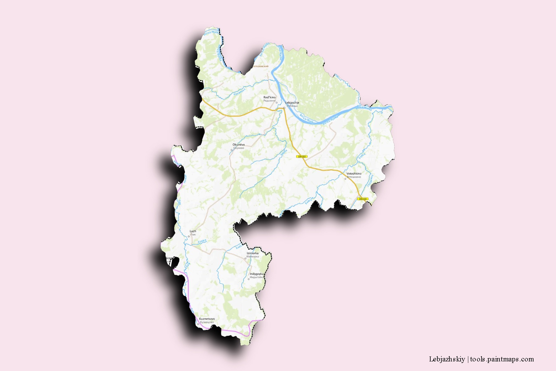 Mapa de barrios y pueblos de Lebjazhskiy con efecto de sombra 3D