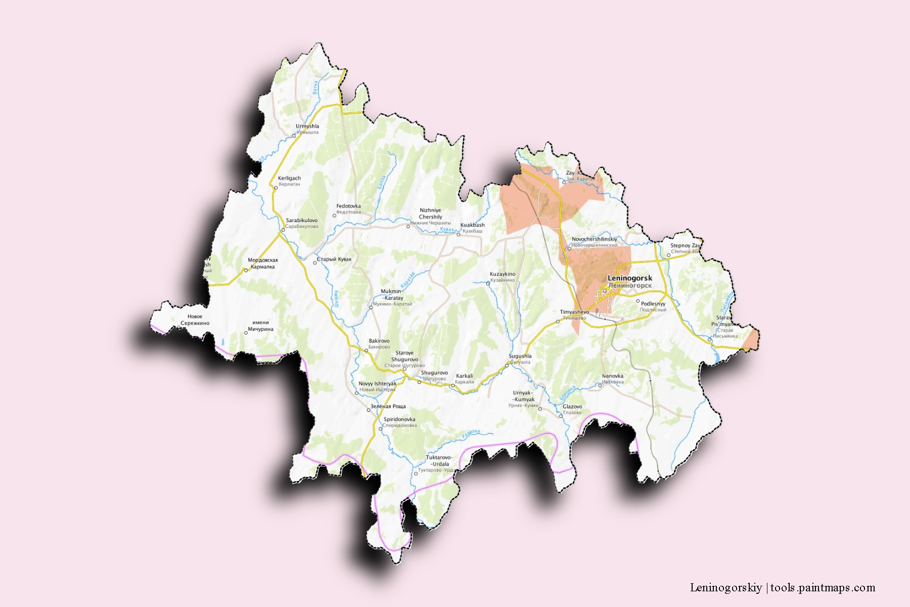 Leninogorskiy neighborhoods and villages map with 3D shadow effect