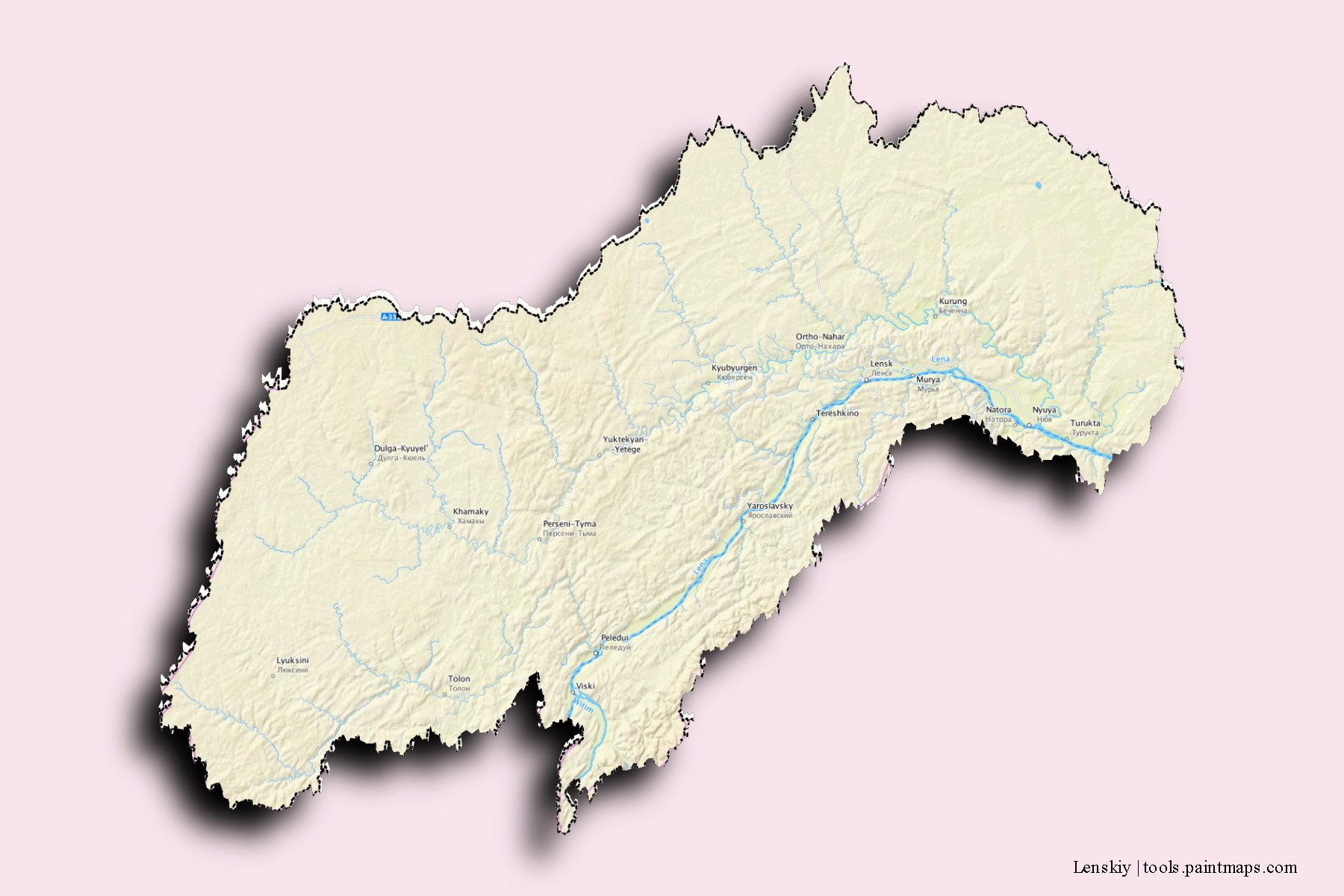 Lenskiy neighborhoods and villages map with 3D shadow effect