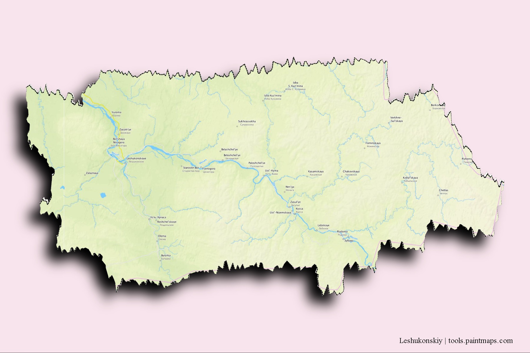 Leshukonskiy neighborhoods and villages map with 3D shadow effect