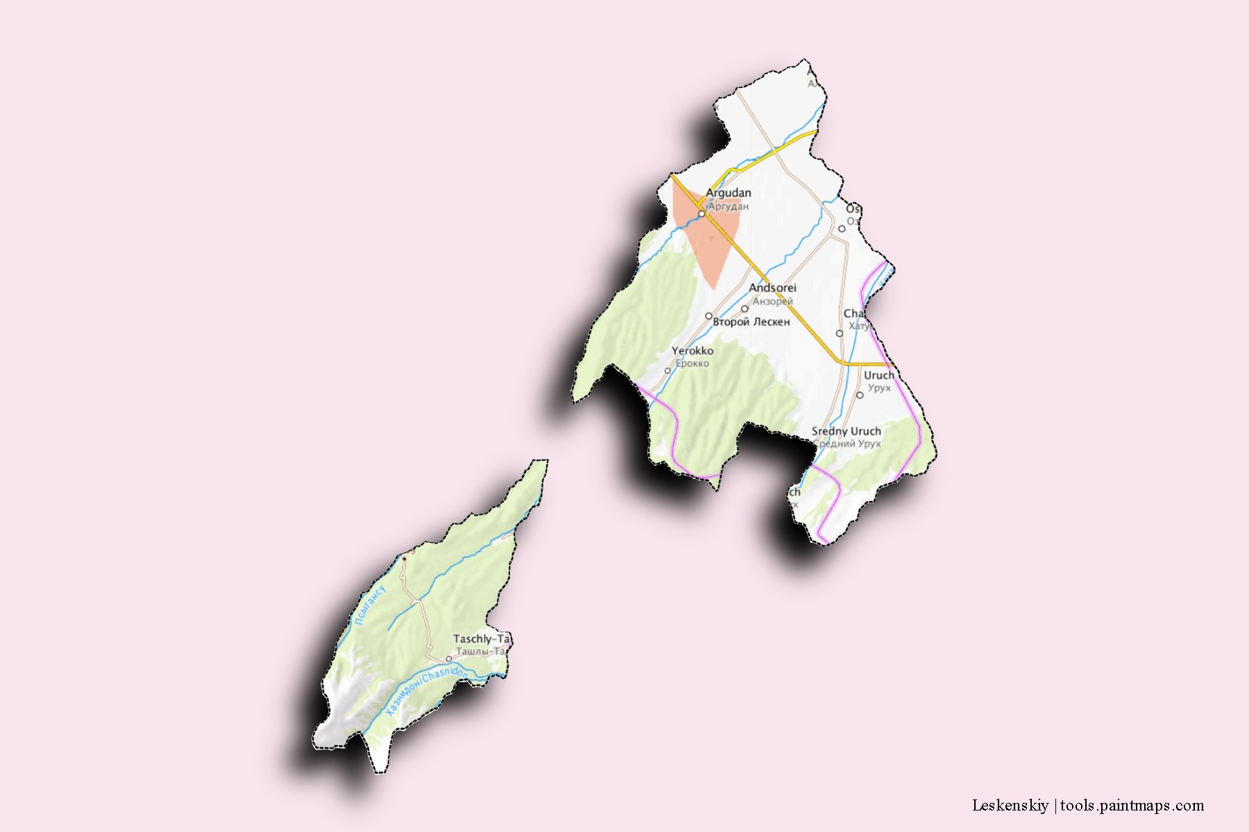 3D gölge efektli Leskenskiy mahalleleri ve köyleri haritası