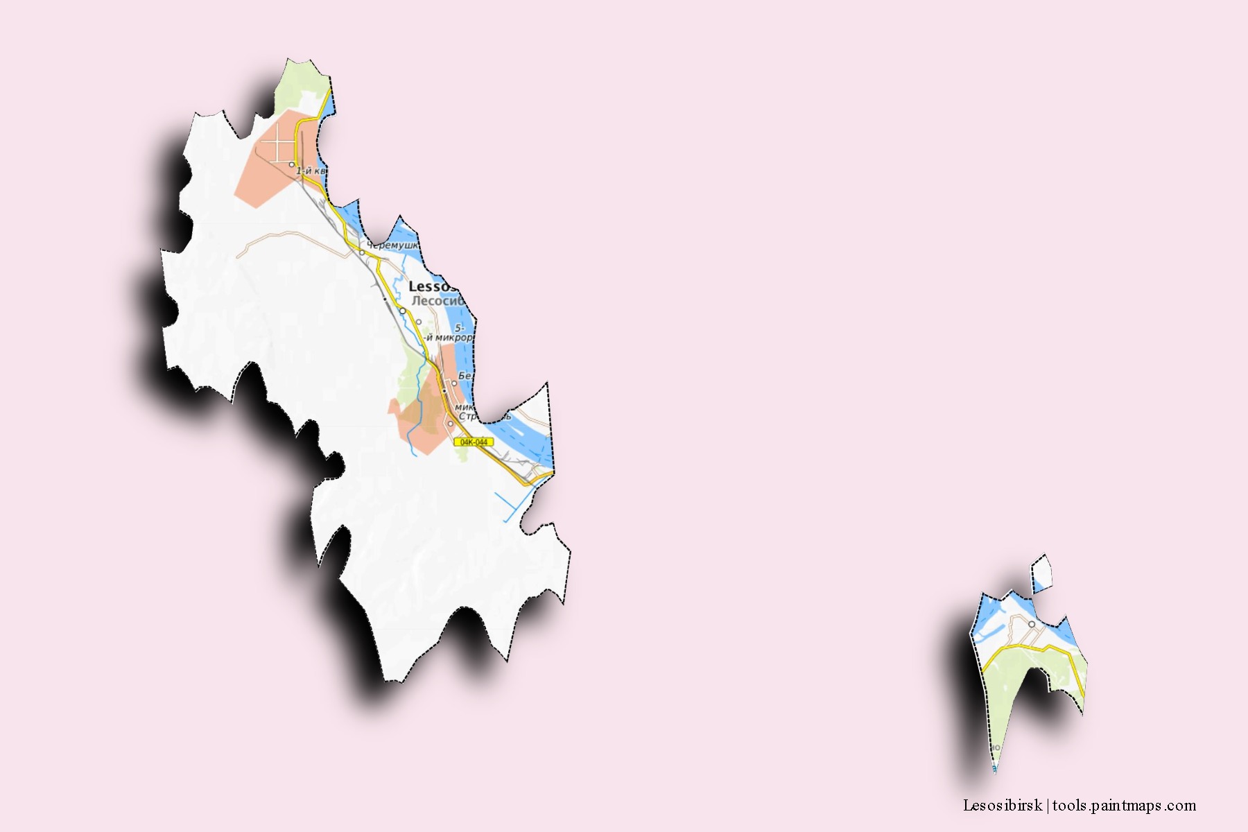 Lesosibirsk neighborhoods and villages map with 3D shadow effect