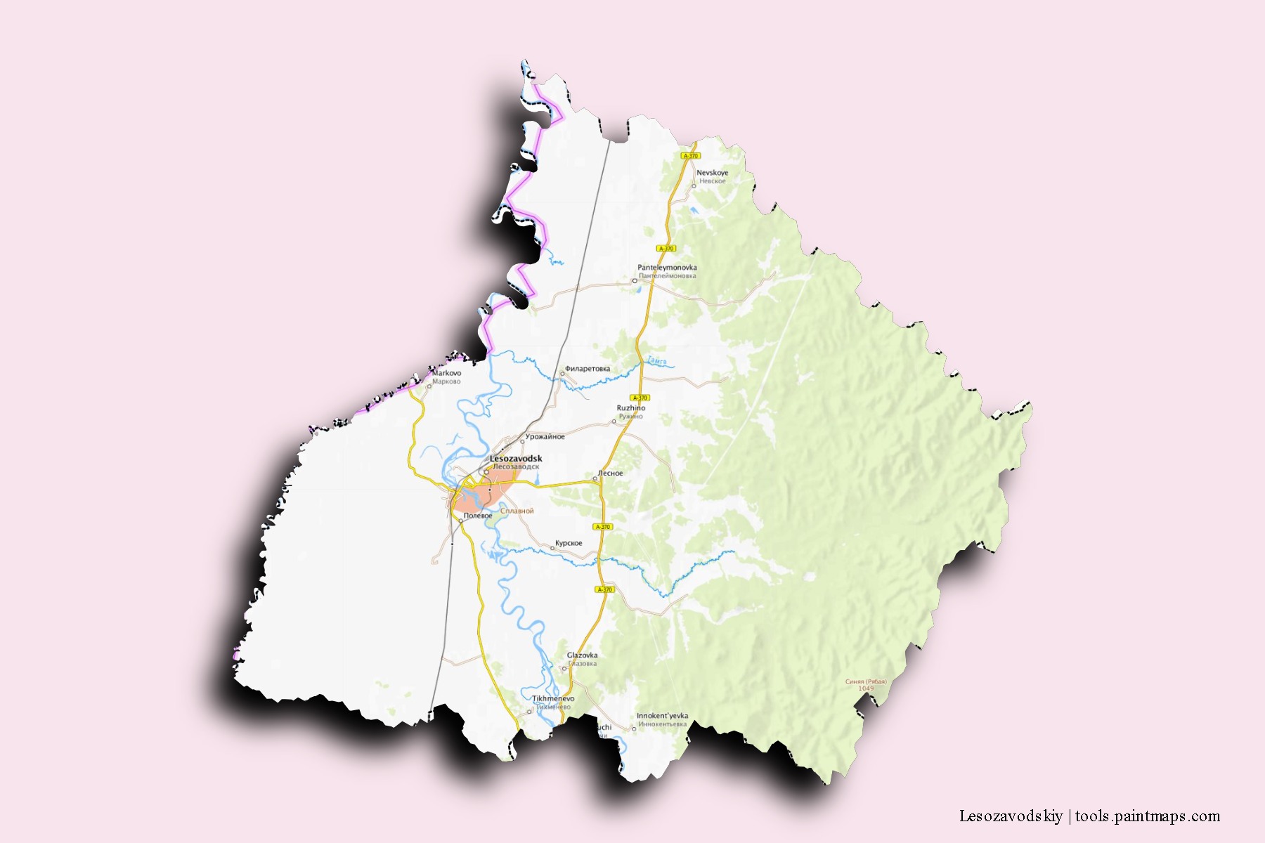 Lesozavodskiy neighborhoods and villages map with 3D shadow effect