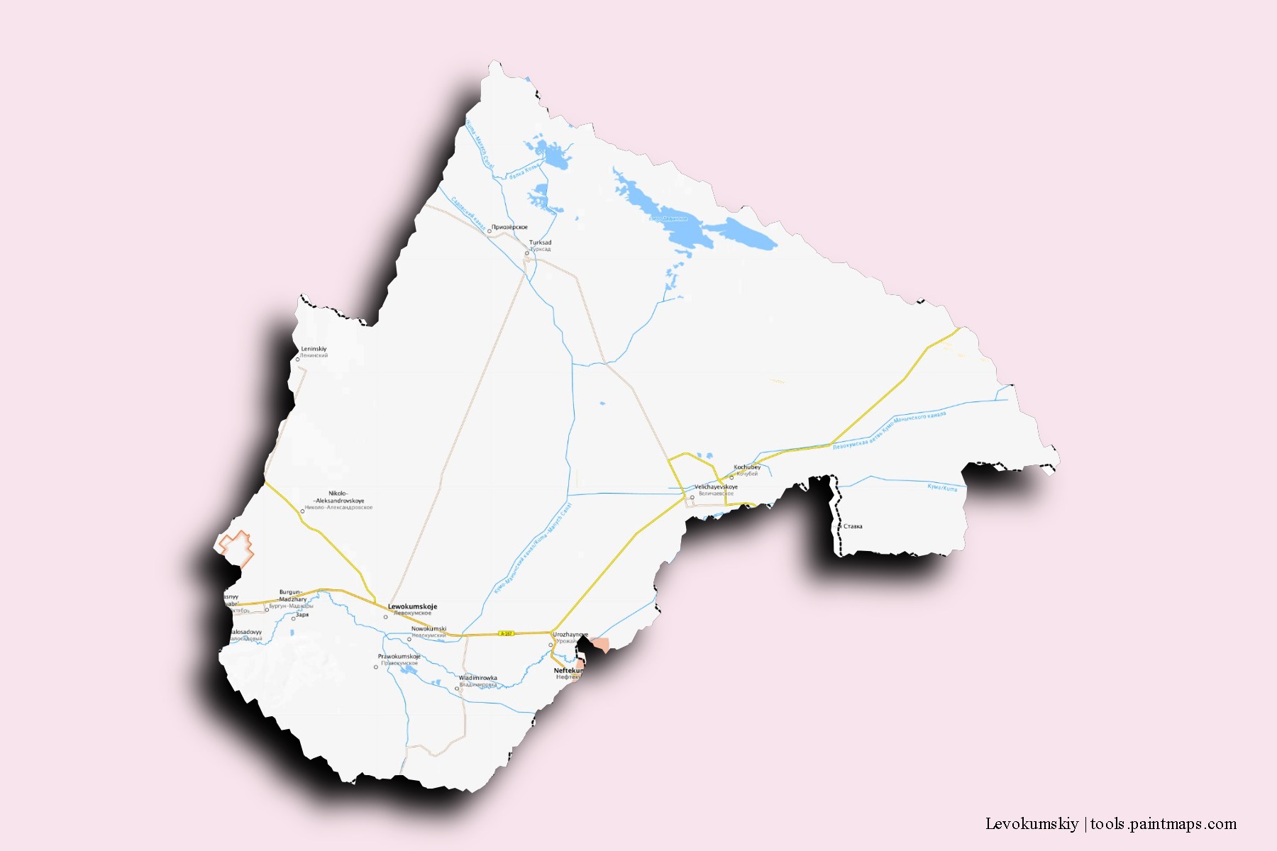 Levokumskiy neighborhoods and villages map with 3D shadow effect