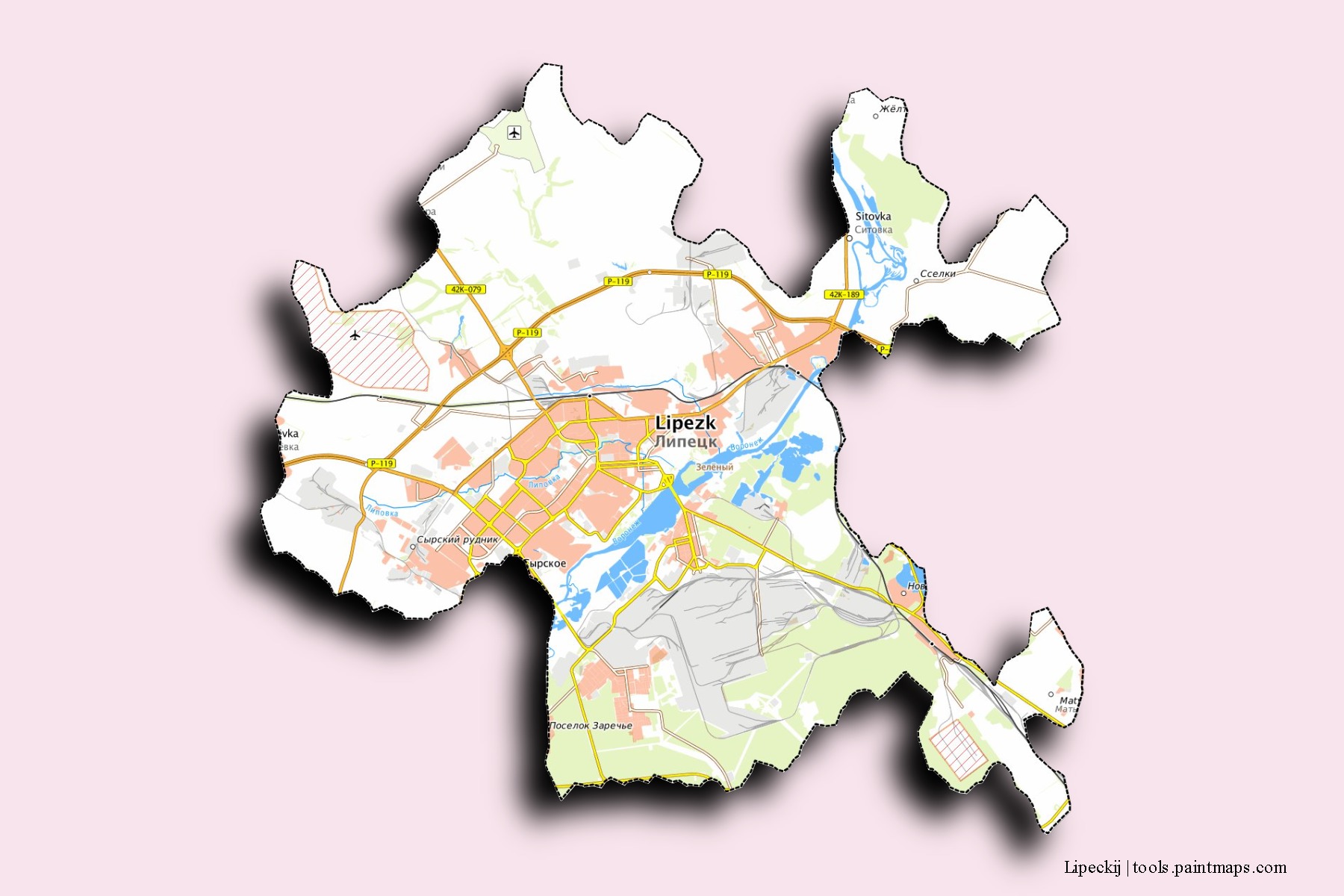 3D gölge efektli Lipeckij mahalleleri ve köyleri haritası