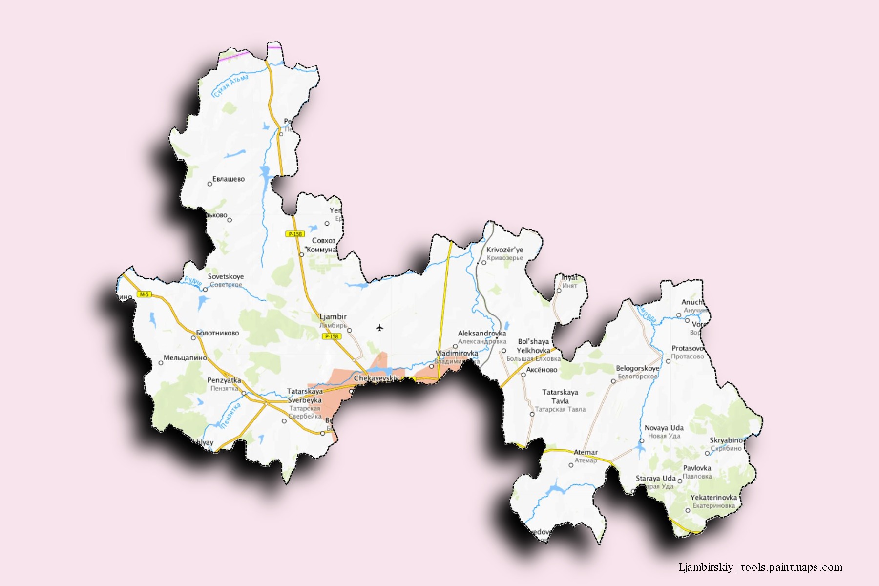 Ljambirskiy neighborhoods and villages map with 3D shadow effect