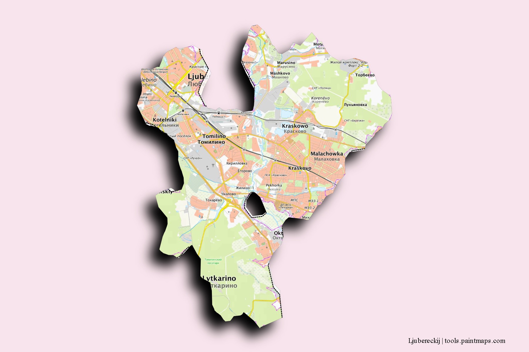 Ljubereckij neighborhoods and villages map with 3D shadow effect