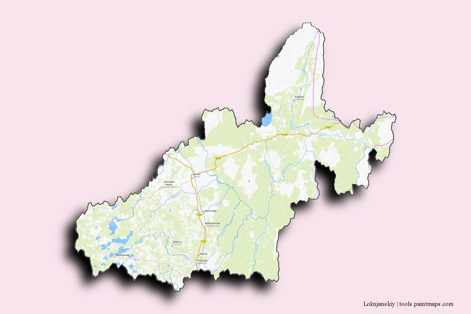 Mapa de barrios y pueblos de Loknjanskiy con efecto de sombra 3D