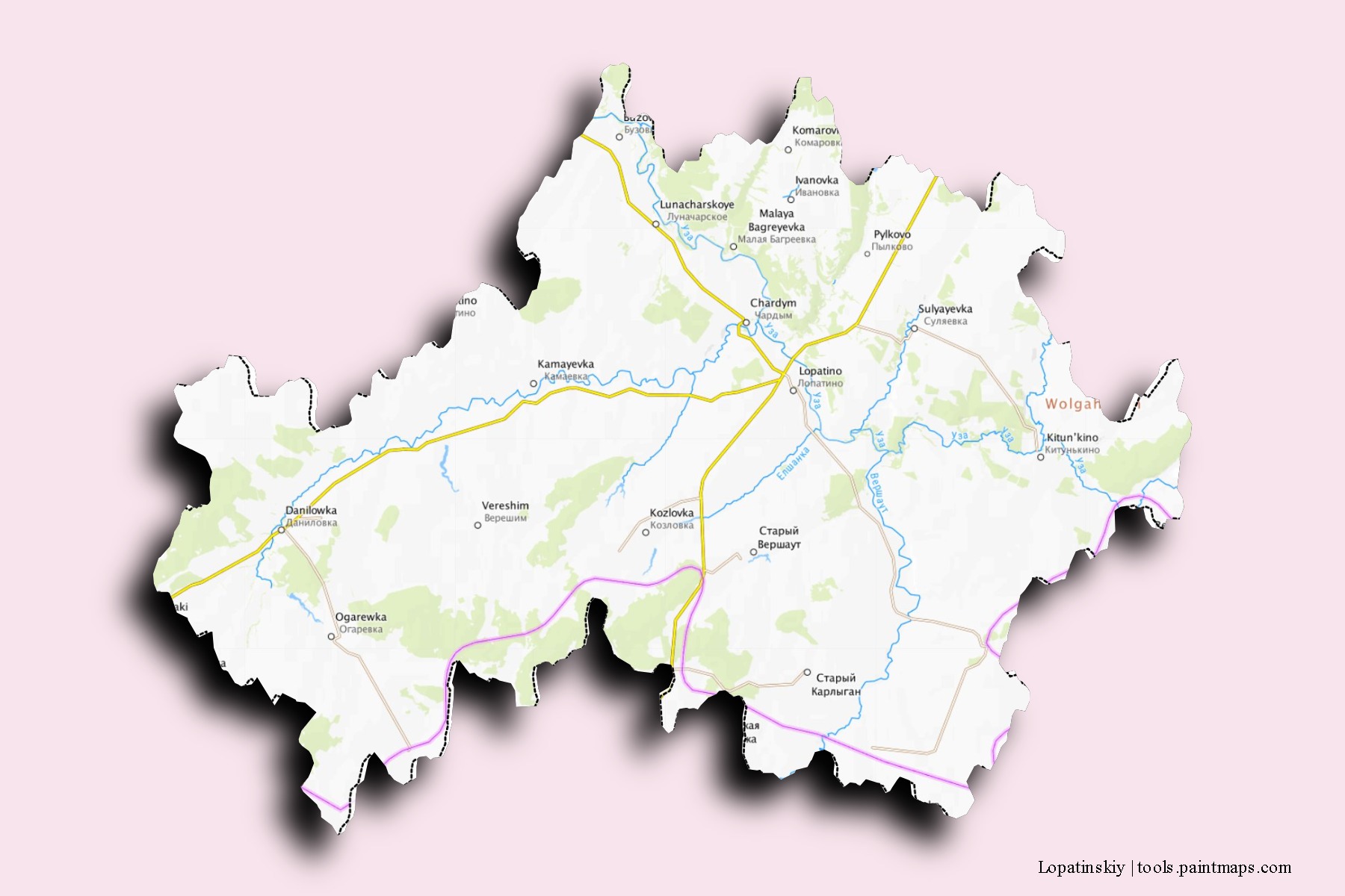 Mapa de barrios y pueblos de Lopatinskiy con efecto de sombra 3D