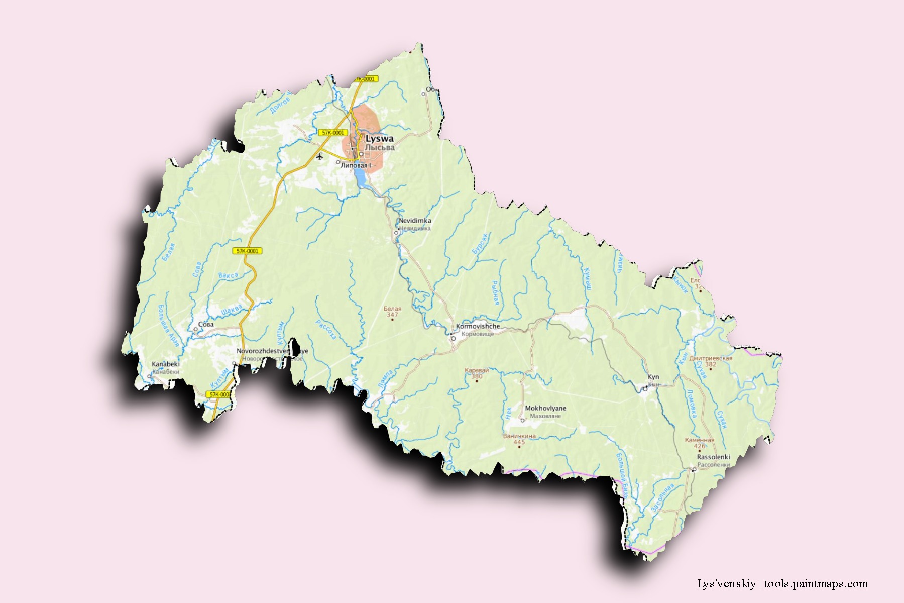 Mapa de barrios y pueblos de Lys'venskiy con efecto de sombra 3D