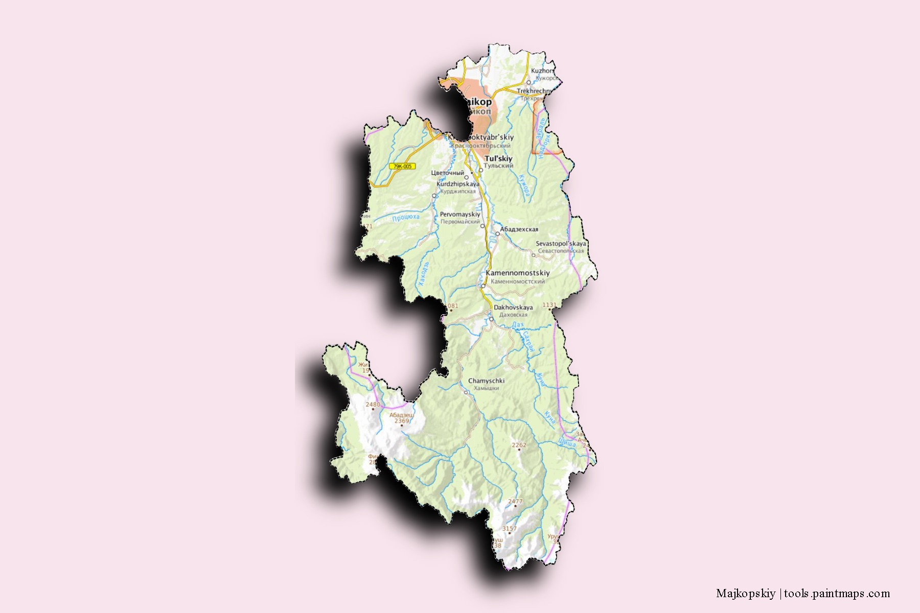 Majkopskiy neighborhoods and villages map with 3D shadow effect