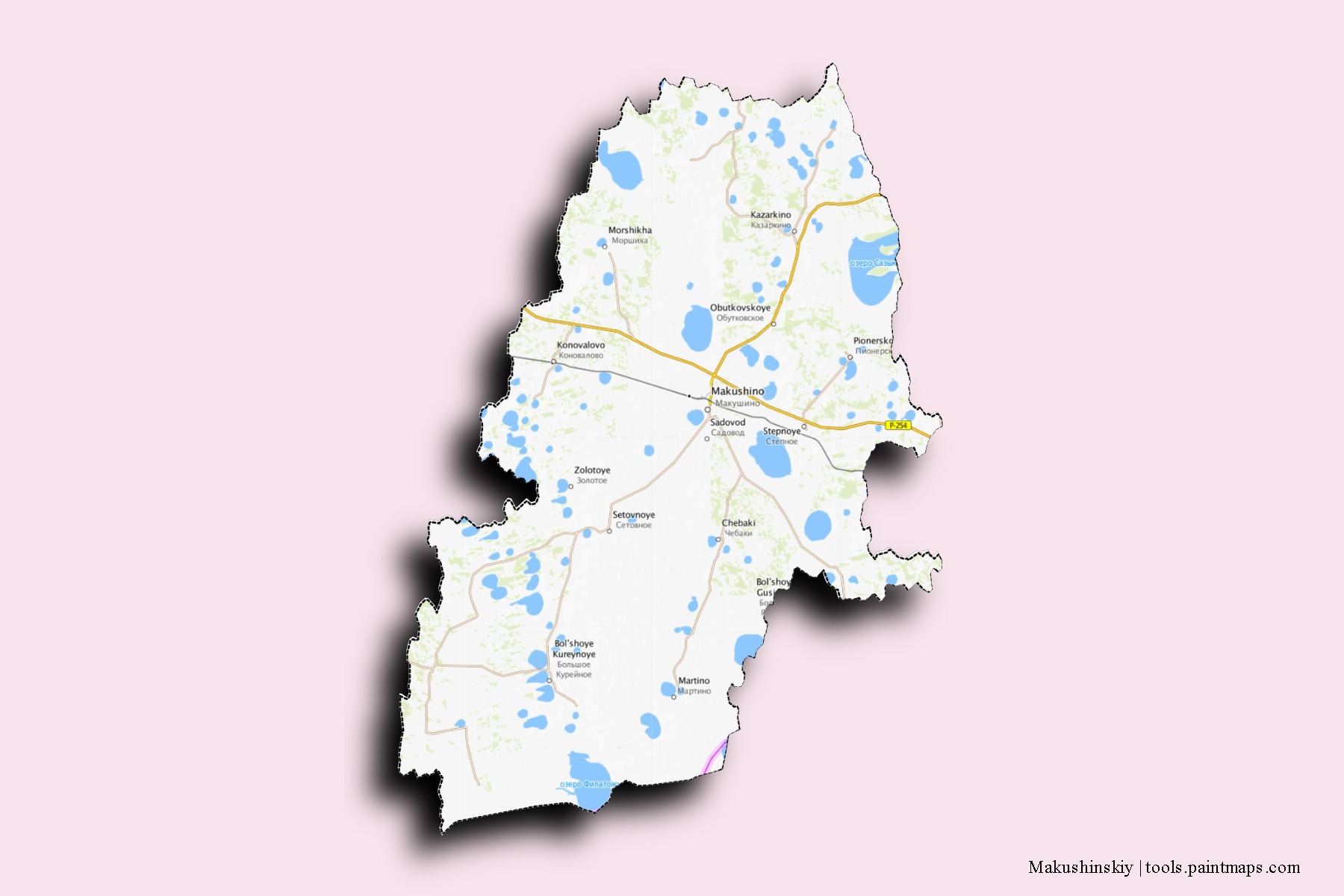 Makushinskiy neighborhoods and villages map with 3D shadow effect