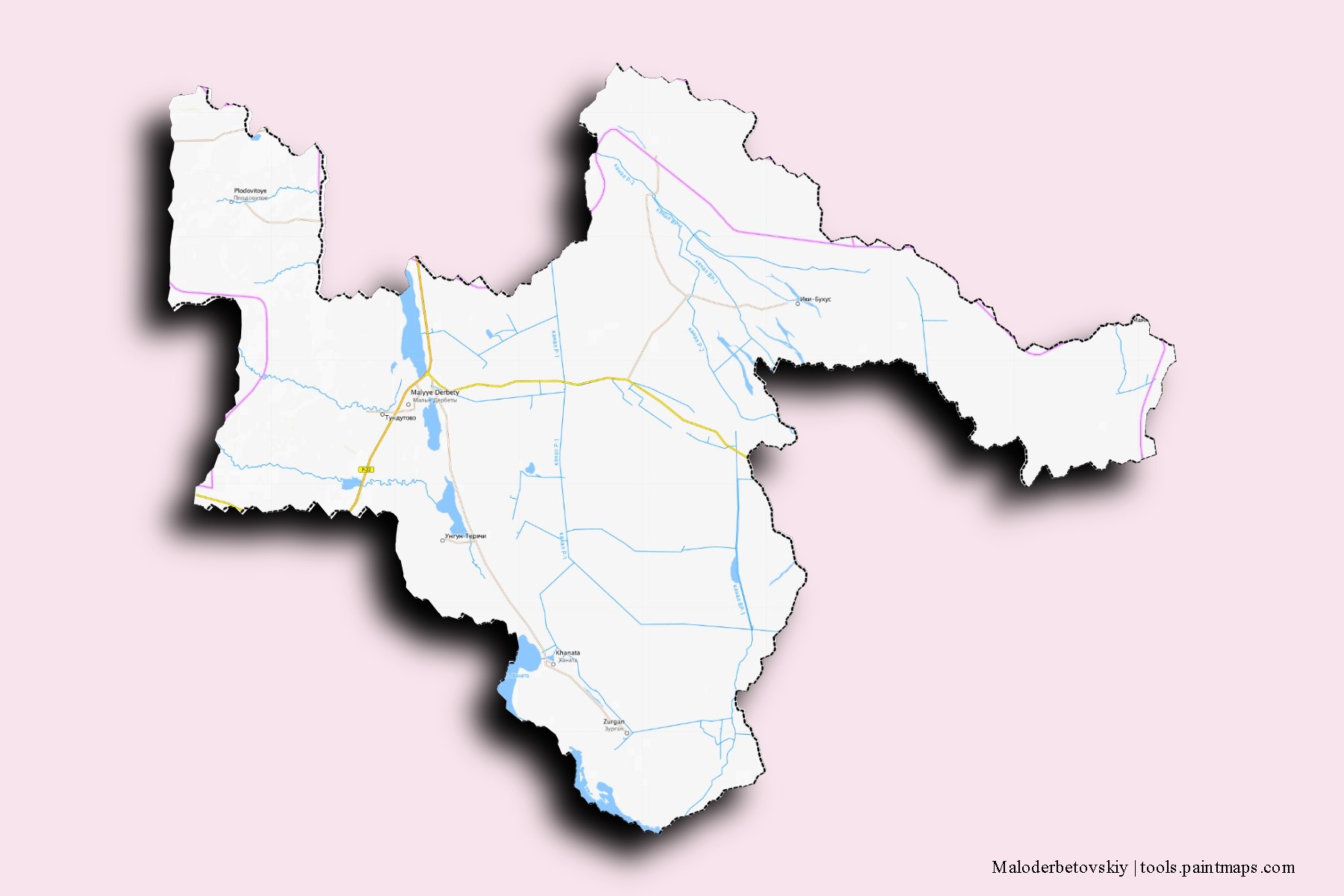 3D gölge efektli Maloderbetovskiy mahalleleri ve köyleri haritası