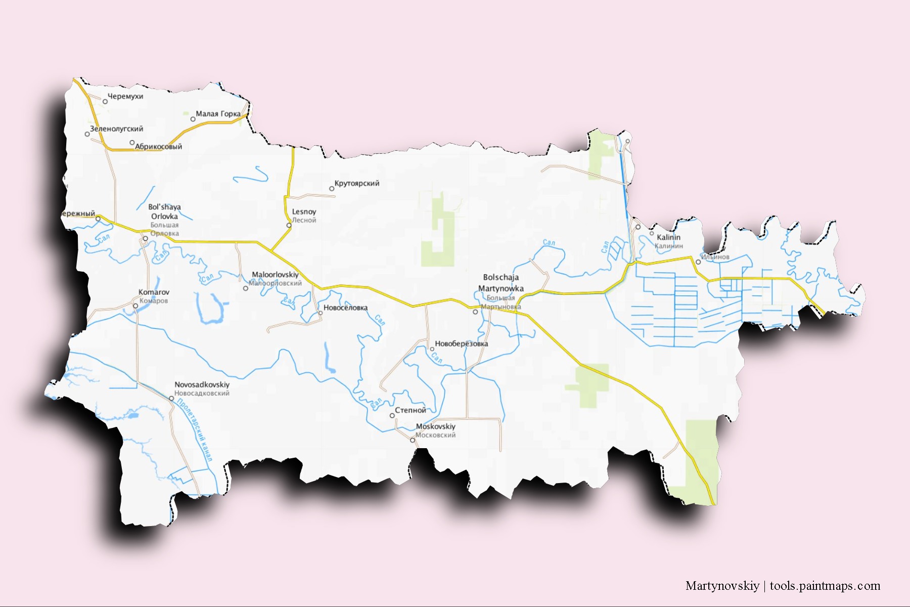 Martynovskiy neighborhoods and villages map with 3D shadow effect