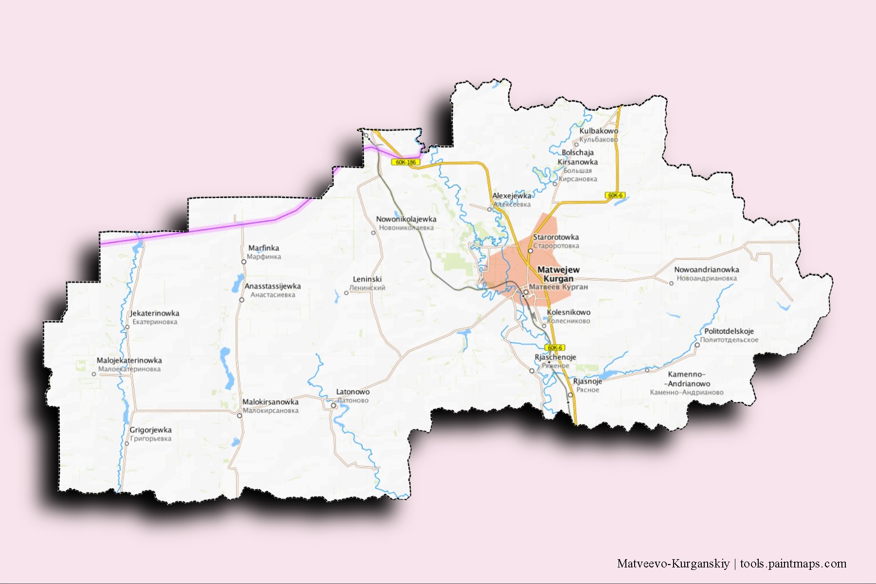 Mapa de barrios y pueblos de Matveevo-Kurganskiy con efecto de sombra 3D