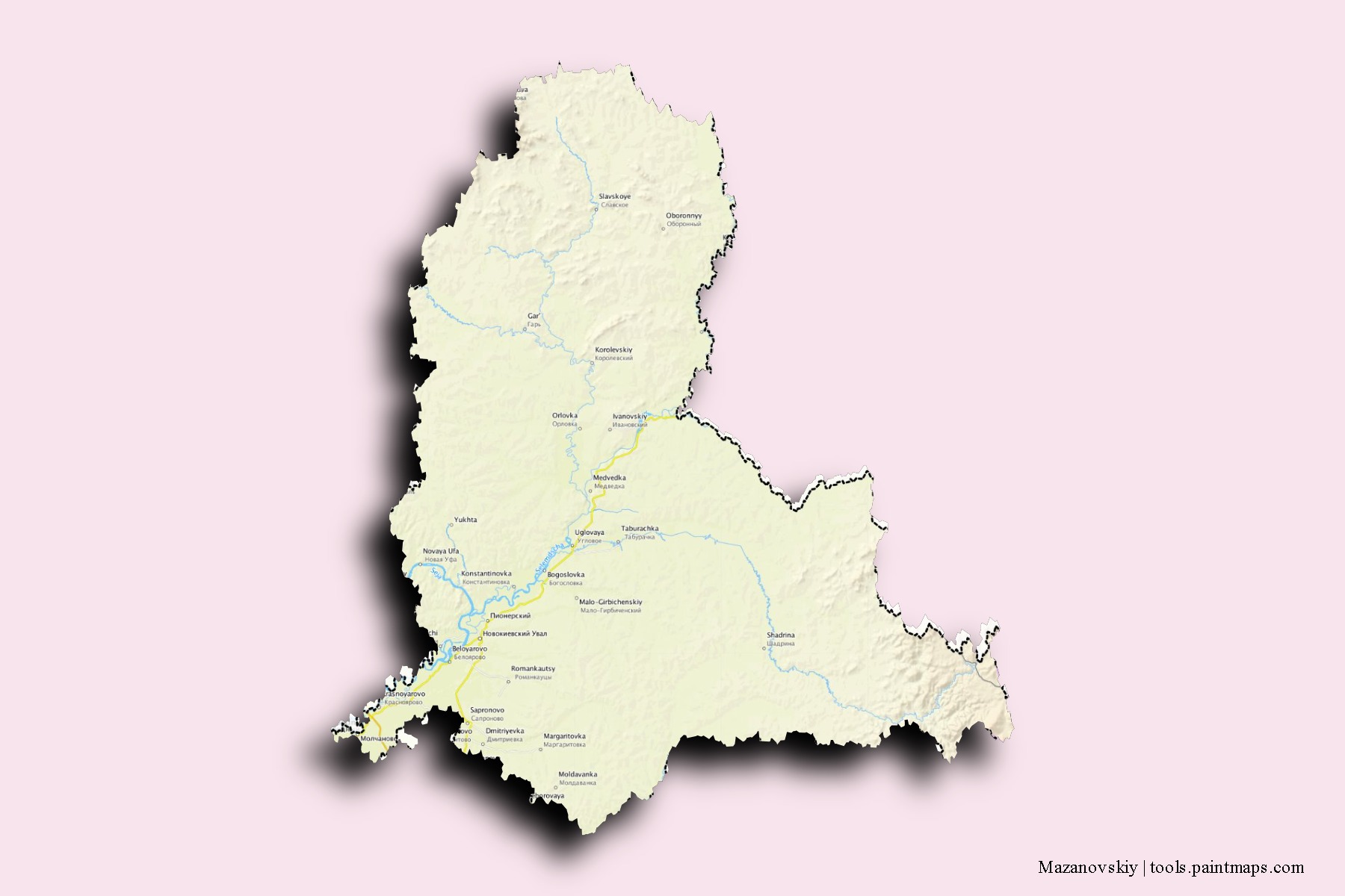 Mapa de barrios y pueblos de Mazanovskiy con efecto de sombra 3D