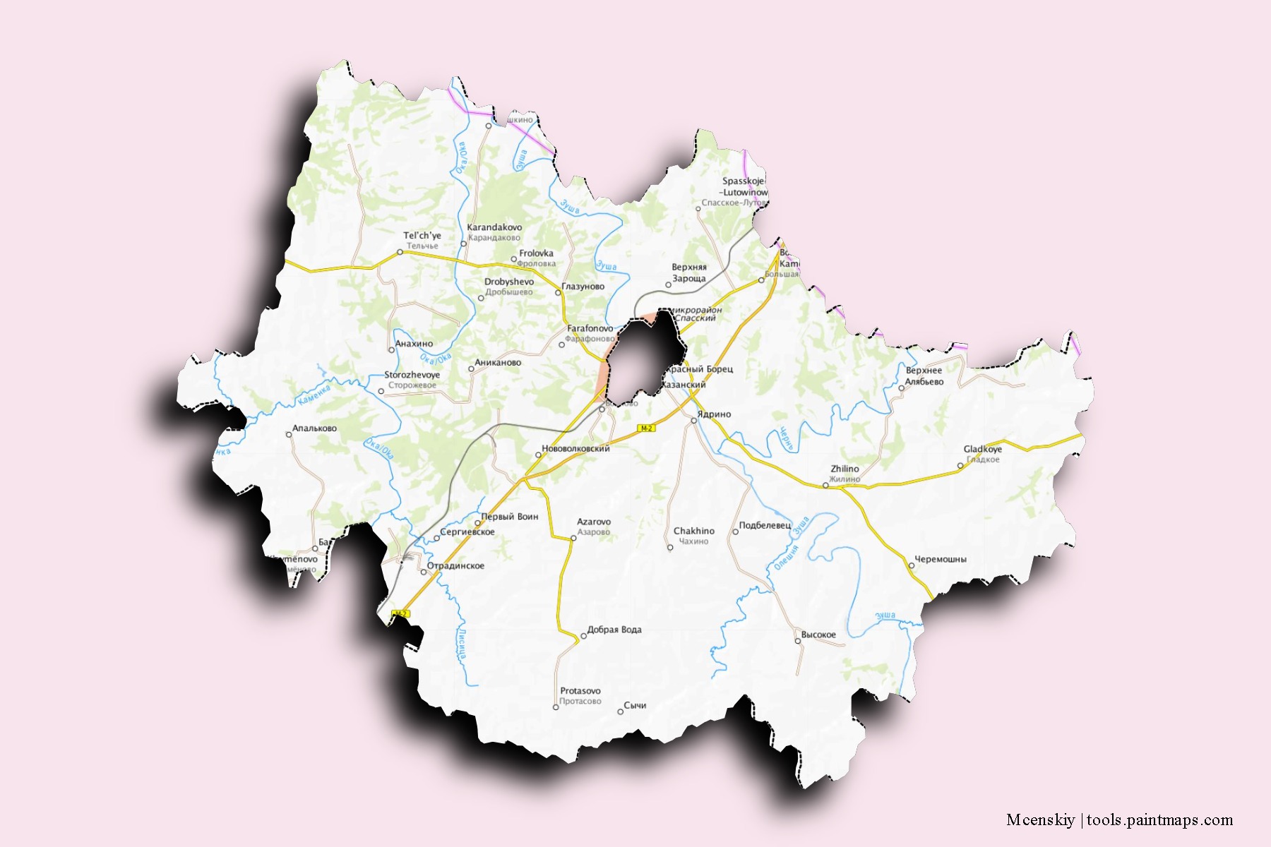 Mapa de barrios y pueblos de Mcenskiy con efecto de sombra 3D