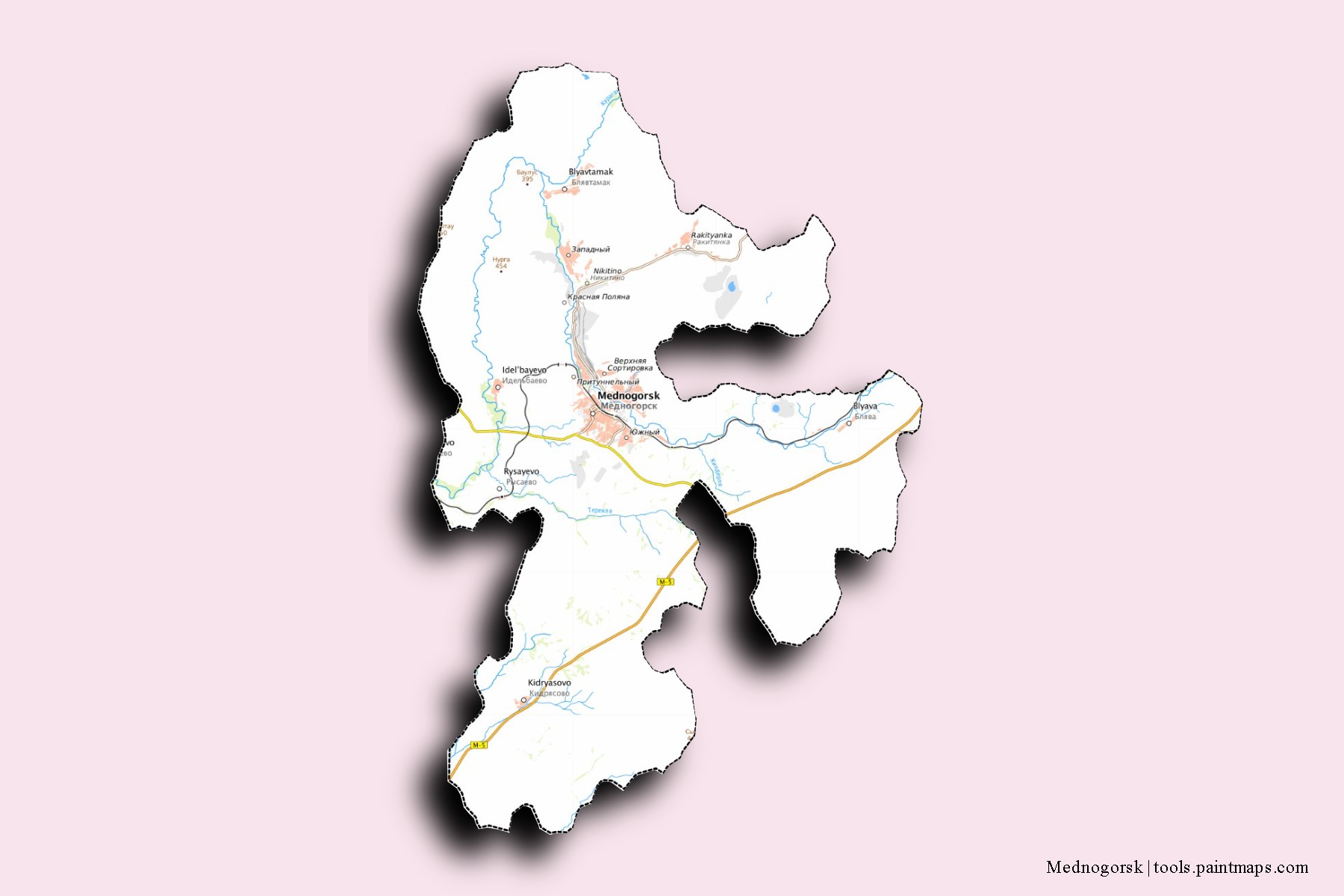 Mapa de barrios y pueblos de Mednogorsk con efecto de sombra 3D