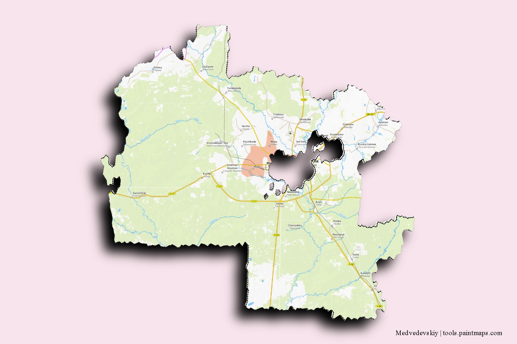 Mapa de barrios y pueblos de Medvedevskiy con efecto de sombra 3D