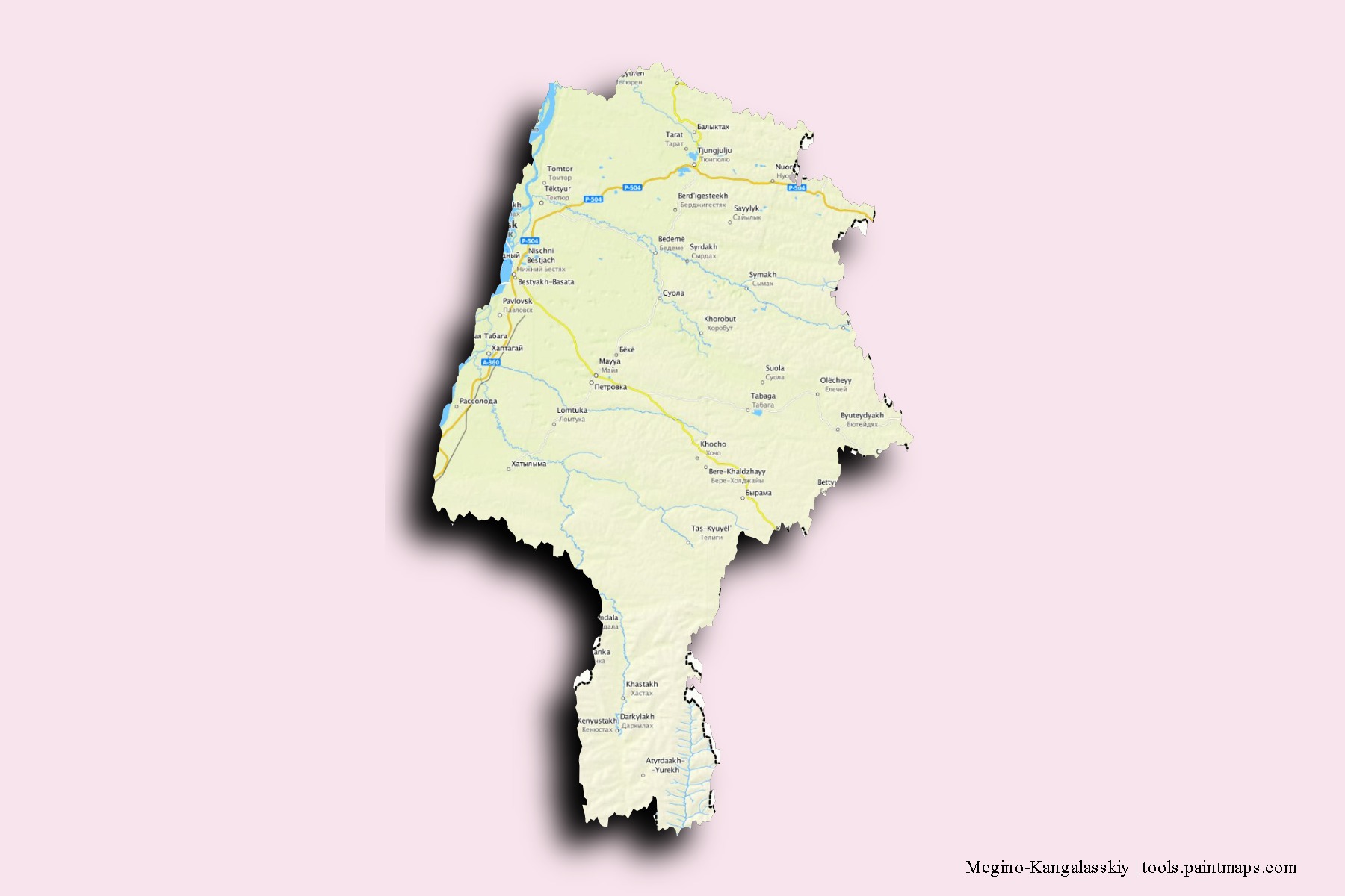 Mapa de barrios y pueblos de Megino-Kangalasskiy con efecto de sombra 3D