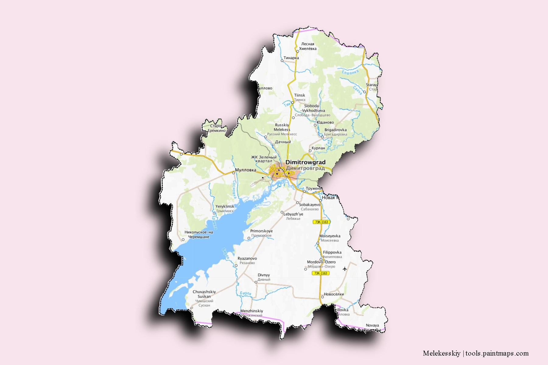 Mapa de barrios y pueblos de Melekesskiy con efecto de sombra 3D