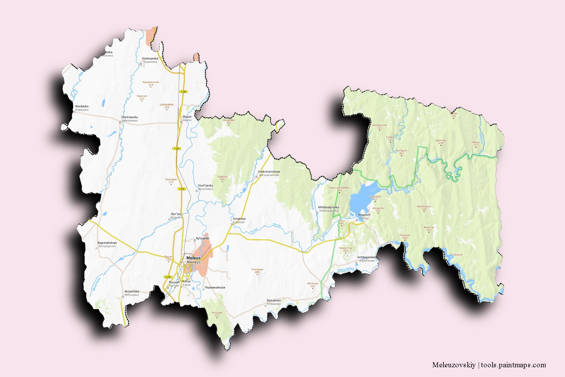 Mapa de barrios y pueblos de Meleuzovskiy con efecto de sombra 3D