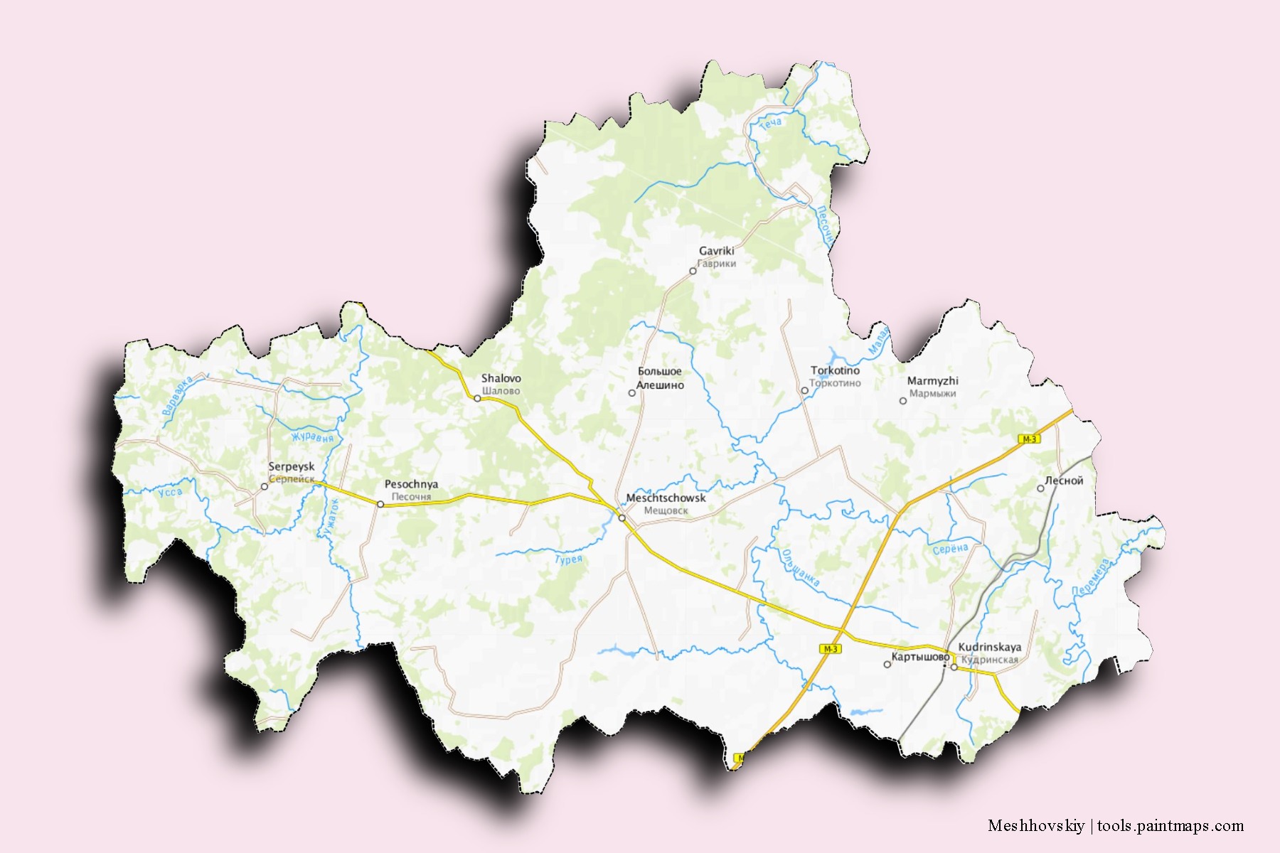 Meshhovskiy neighborhoods and villages map with 3D shadow effect