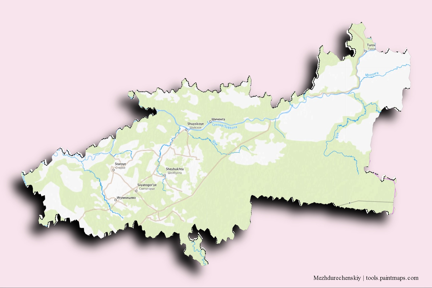 Mezhdurechenskiy neighborhoods and villages map with 3D shadow effect