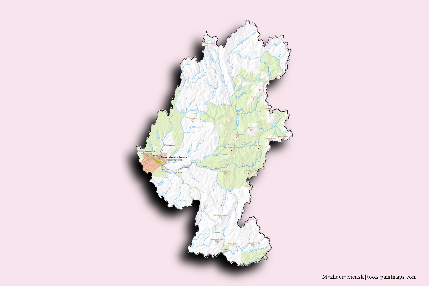 Mezhdurechensk neighborhoods and villages map with 3D shadow effect