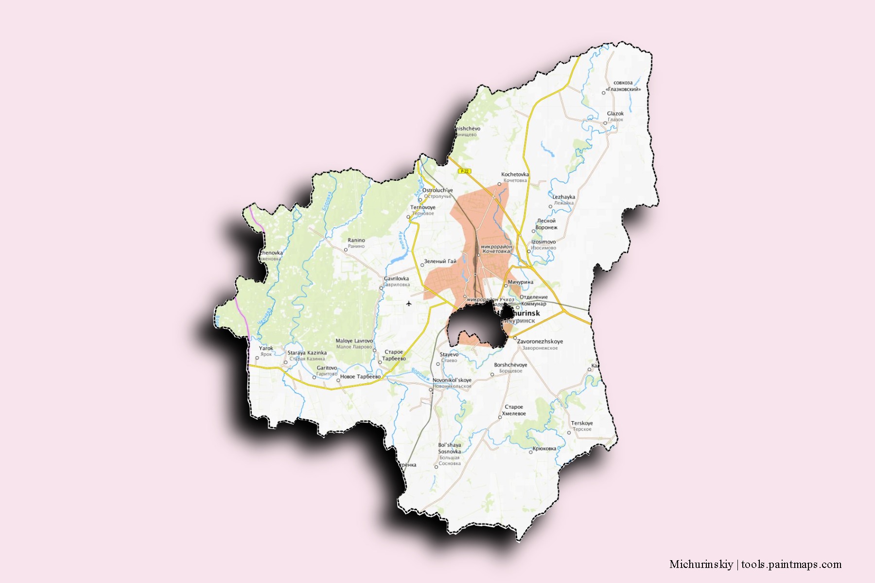 Michurinskiy neighborhoods and villages map with 3D shadow effect