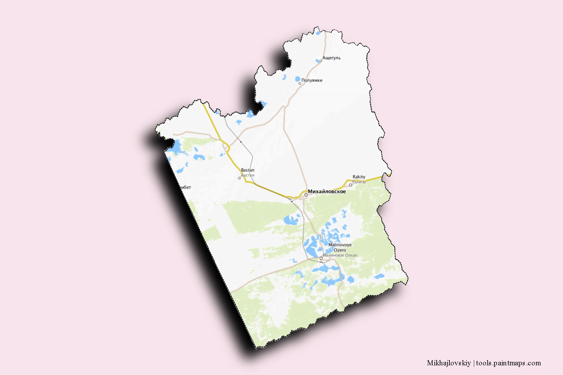 Mapa de barrios y pueblos de Mikhajlovskiy con efecto de sombra 3D