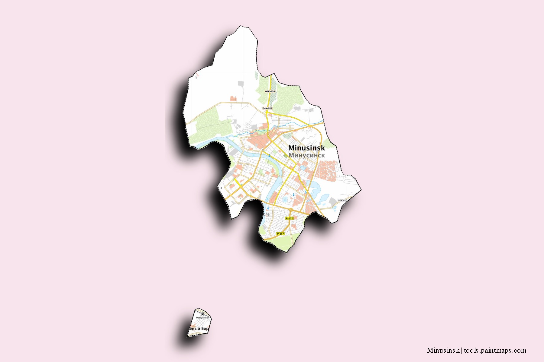 3D gölge efektli Minusinsk mahalleleri ve köyleri haritası