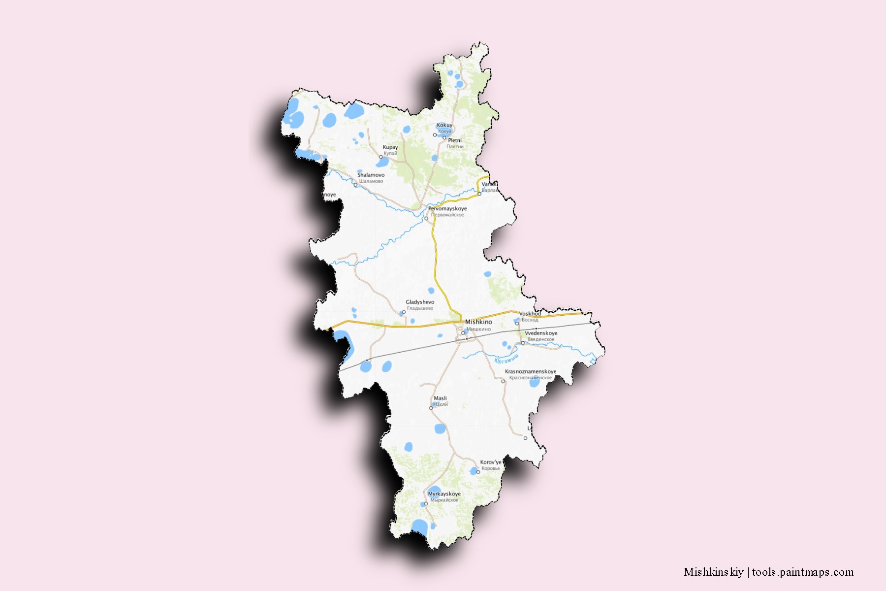 Mishkinskiy neighborhoods and villages map with 3D shadow effect