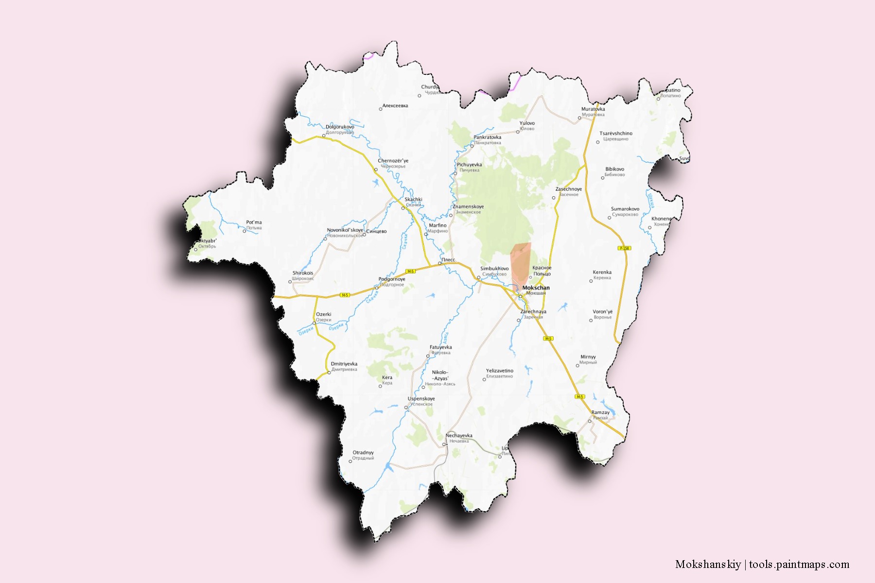 Mapa de barrios y pueblos de Mokshanskiy con efecto de sombra 3D