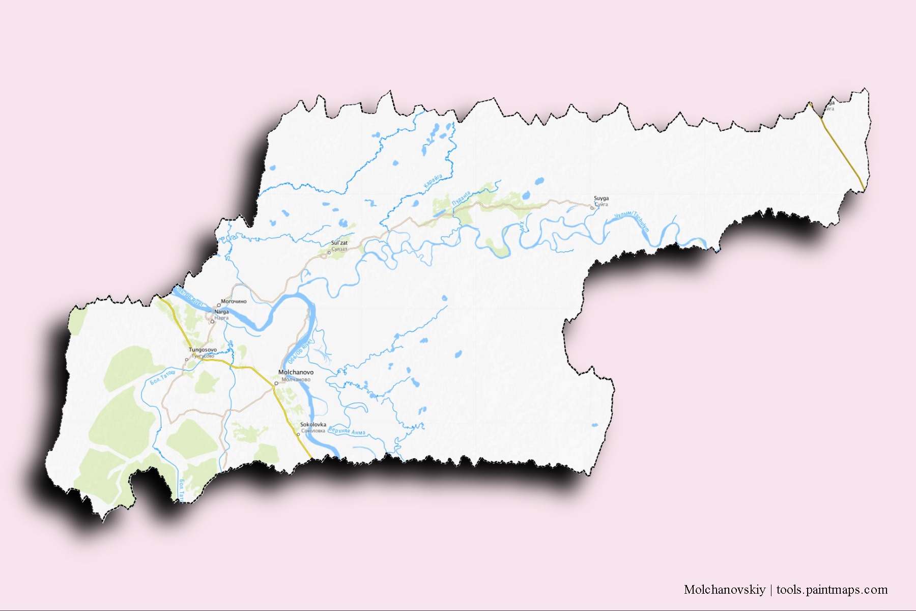 Mapa de barrios y pueblos de Molchanovskiy con efecto de sombra 3D