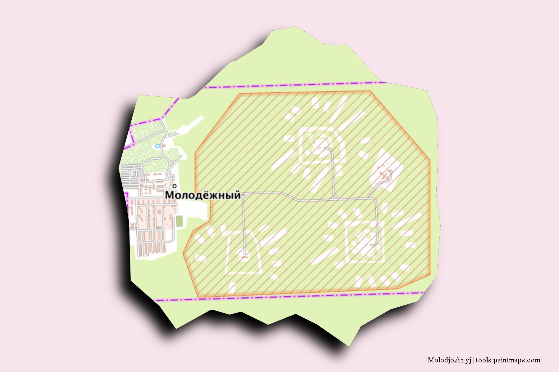 Mapa de barrios y pueblos de Molodjozhnyj con efecto de sombra 3D