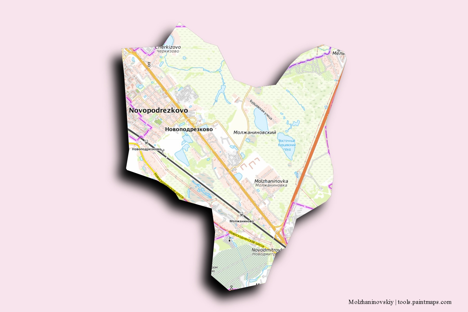 Molzhaninovskiy neighborhoods and villages map with 3D shadow effect