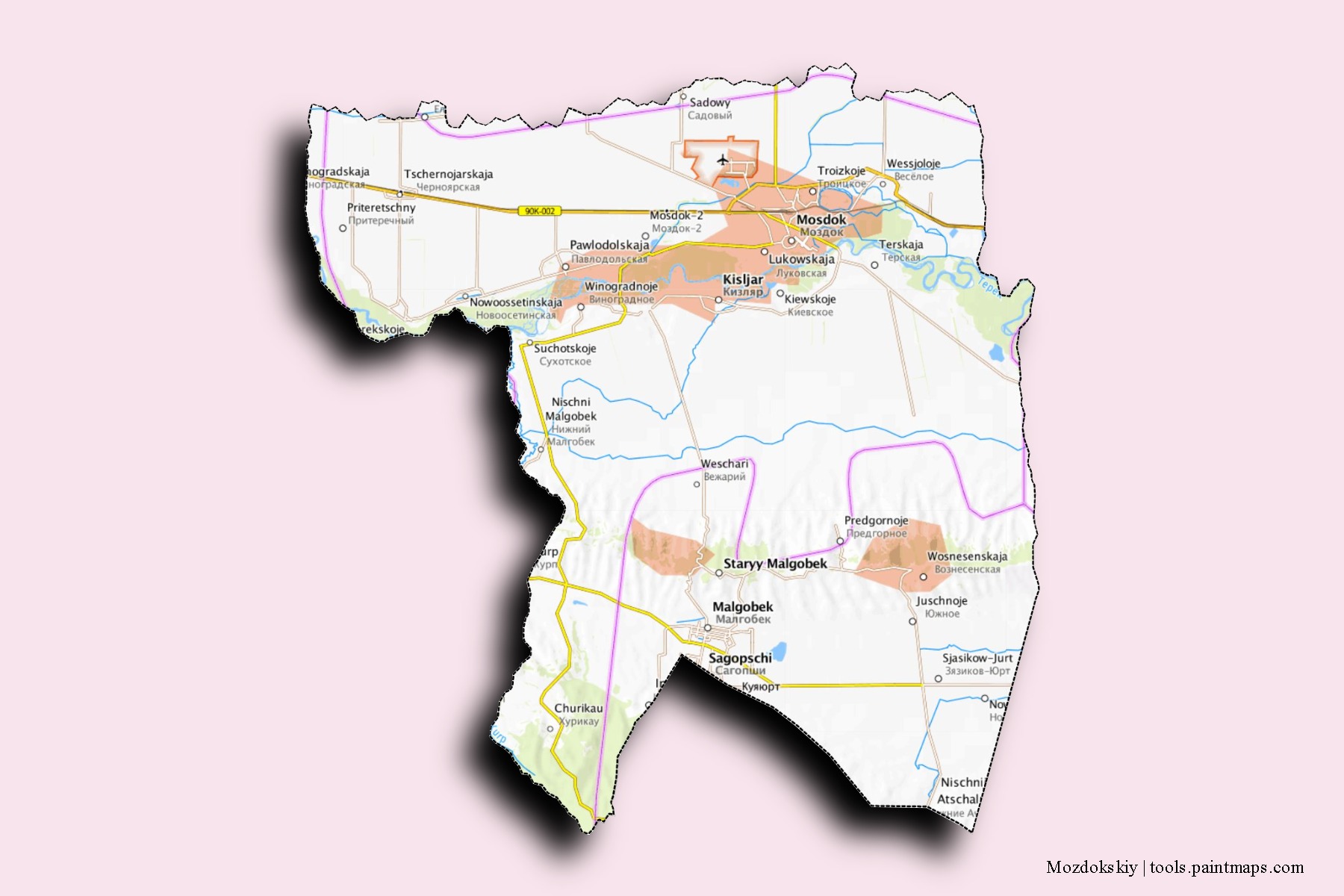 Mapa de barrios y pueblos de Mozdokskiy con efecto de sombra 3D