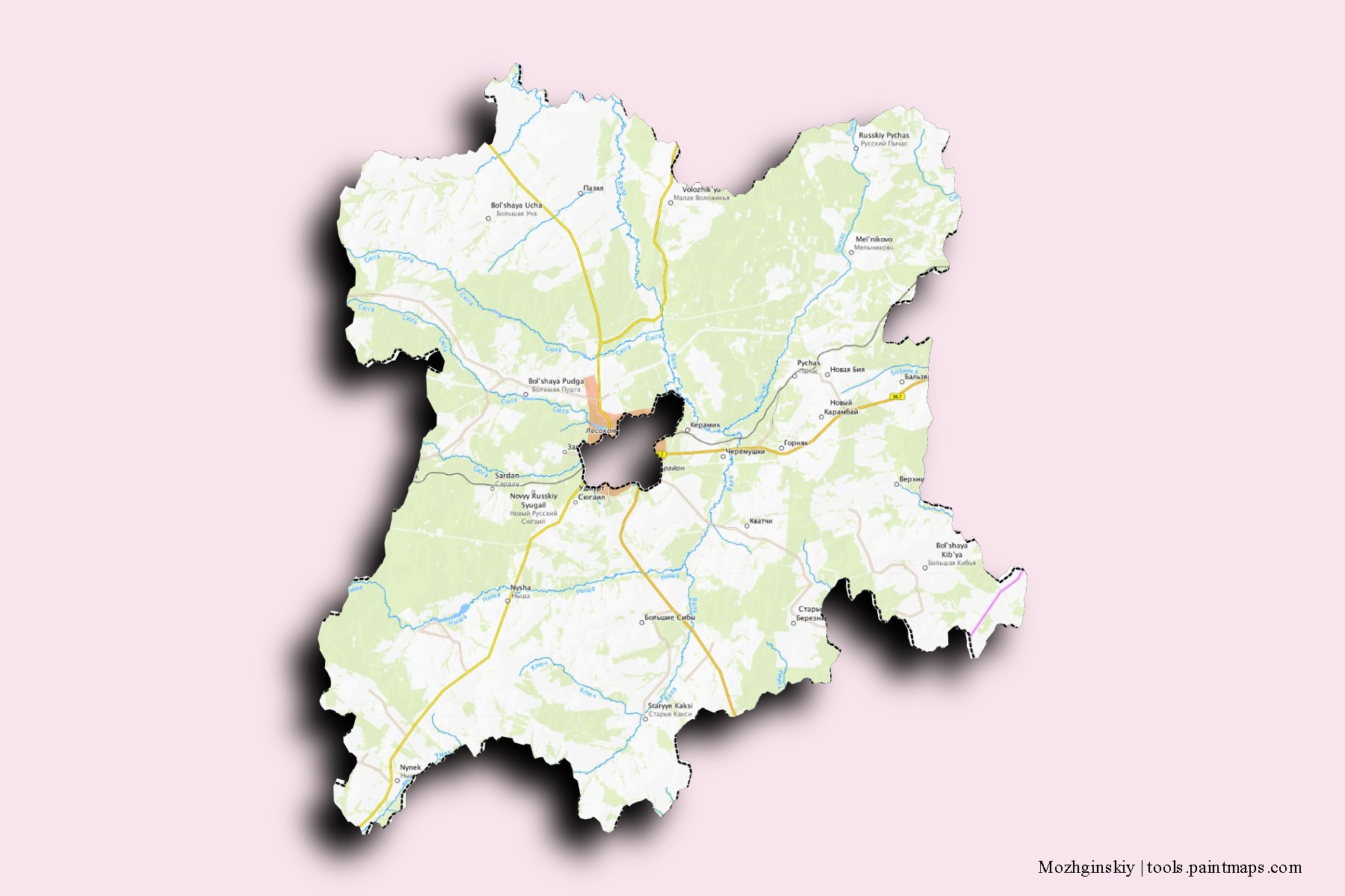 Mapa de barrios y pueblos de Mozhginskiy con efecto de sombra 3D