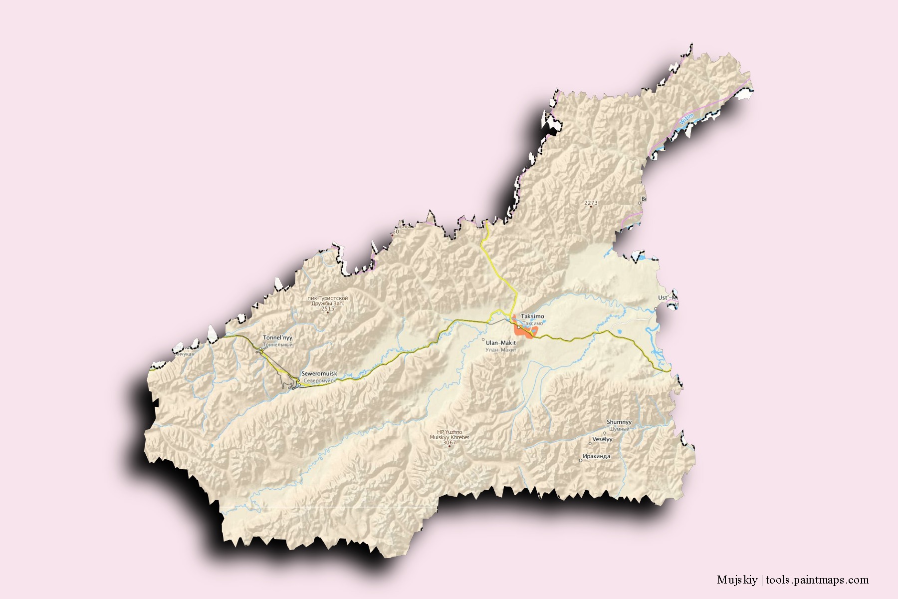 Mapa de barrios y pueblos de Mujskiy con efecto de sombra 3D