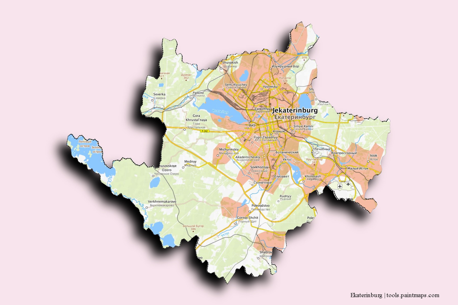 Ekaterinburg neighborhoods and villages map with 3D shadow effect