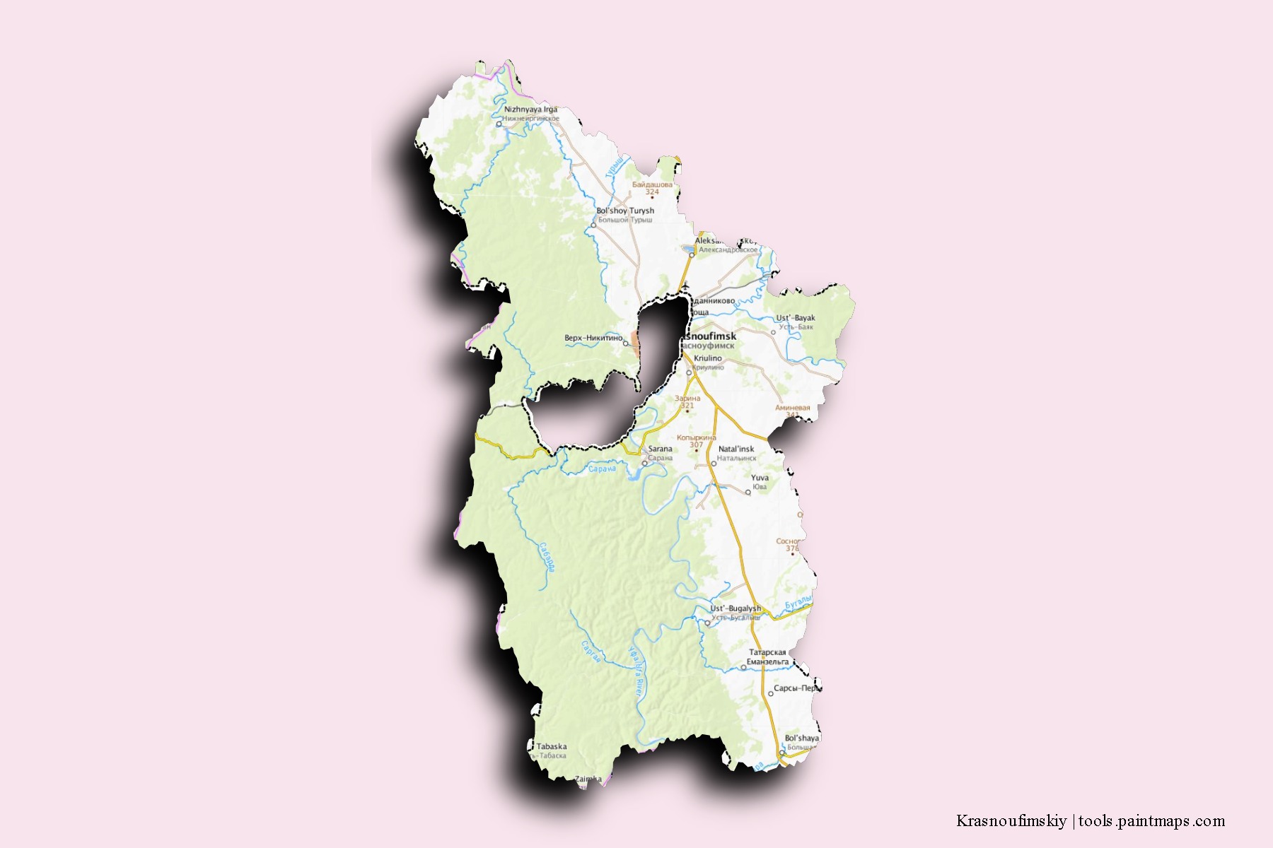 Krasnoufimskiy neighborhoods and villages map with 3D shadow effect